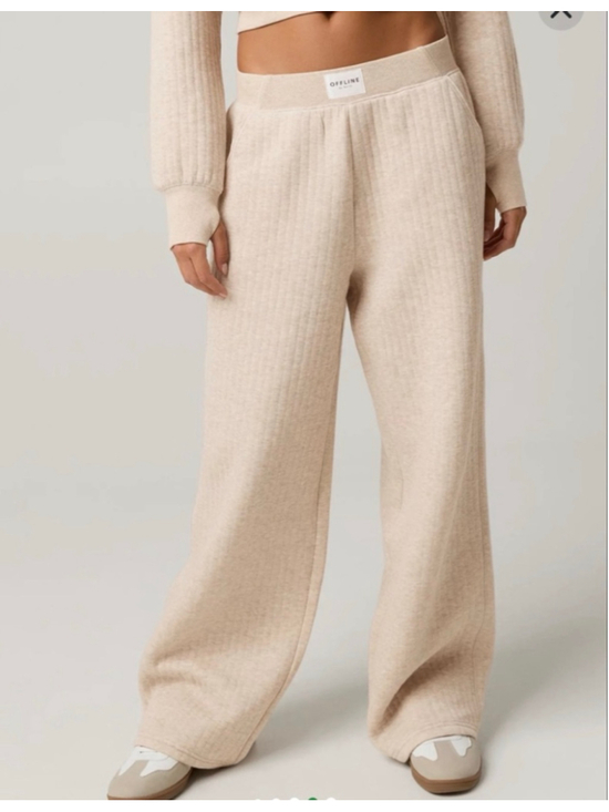 Aerie Pants - Women's Aerie Offline Wide Leg Coffee Run Trousers Ribbed Pants XL Beige